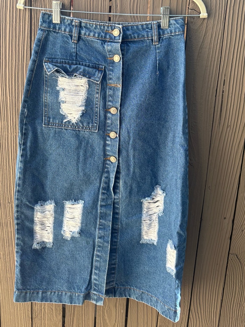 Distressed Button-Front Denim Midi Skirt - Blue